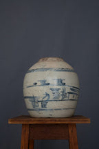Chinese blauw-witte voorraadpot met landschapsdecoratie