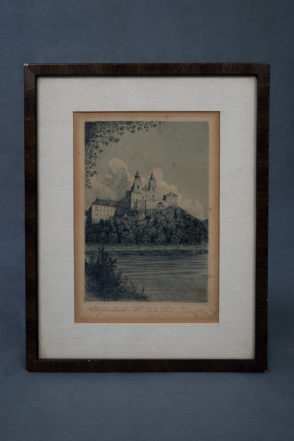 Antieke ets van Stift Melk aan de Donau