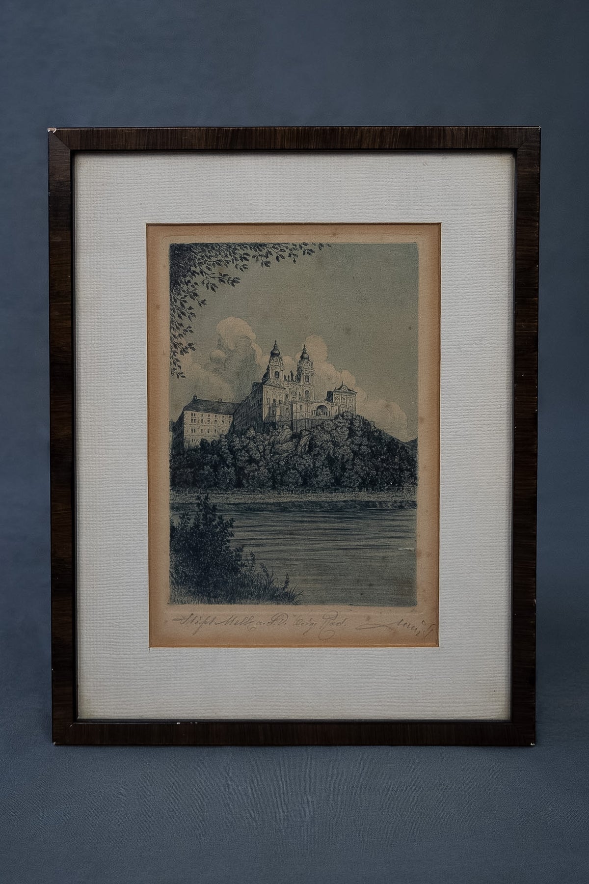Antieke ets van Stift Melk aan de Donau