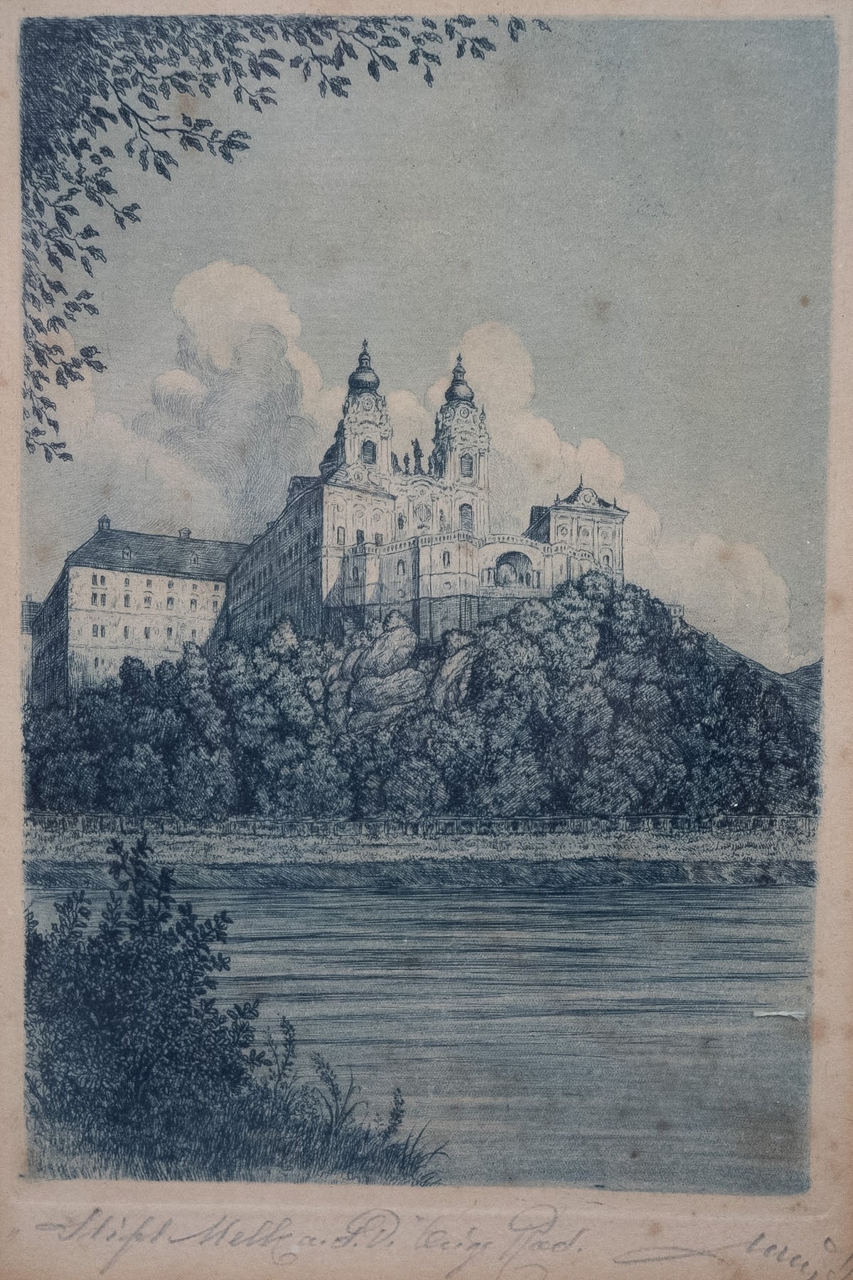 Antieke ets van Stift Melk aan de Donau