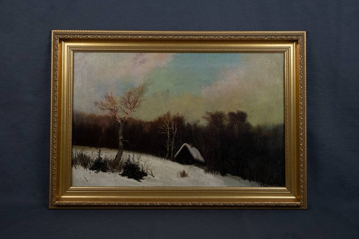 Gesigneerd winters landschap met boerderij