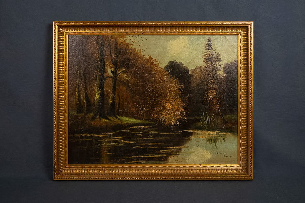 Gesigneerd olieverfschilderij boslandschap met vijver – R. Hoetmer, Laren