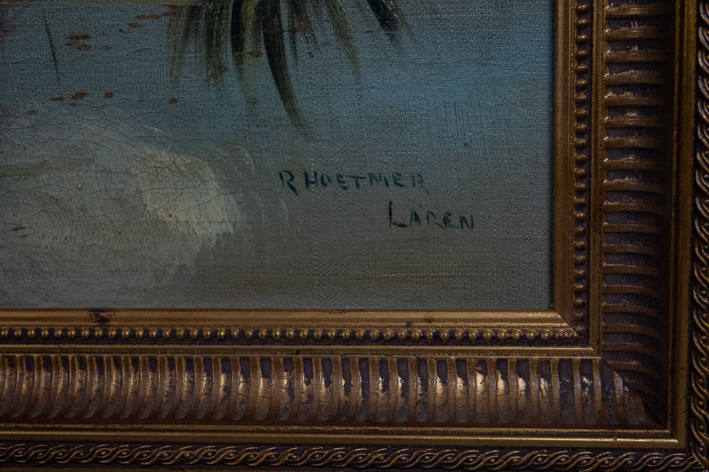 Gesigneerd olieverfschilderij boslandschap met vijver – R. Hoetmer, Laren