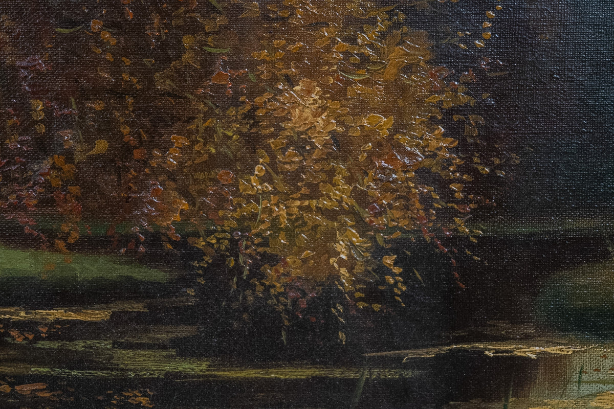 Gesigneerd olieverfschilderij boslandschap met vijver – R. Hoetmer, Laren