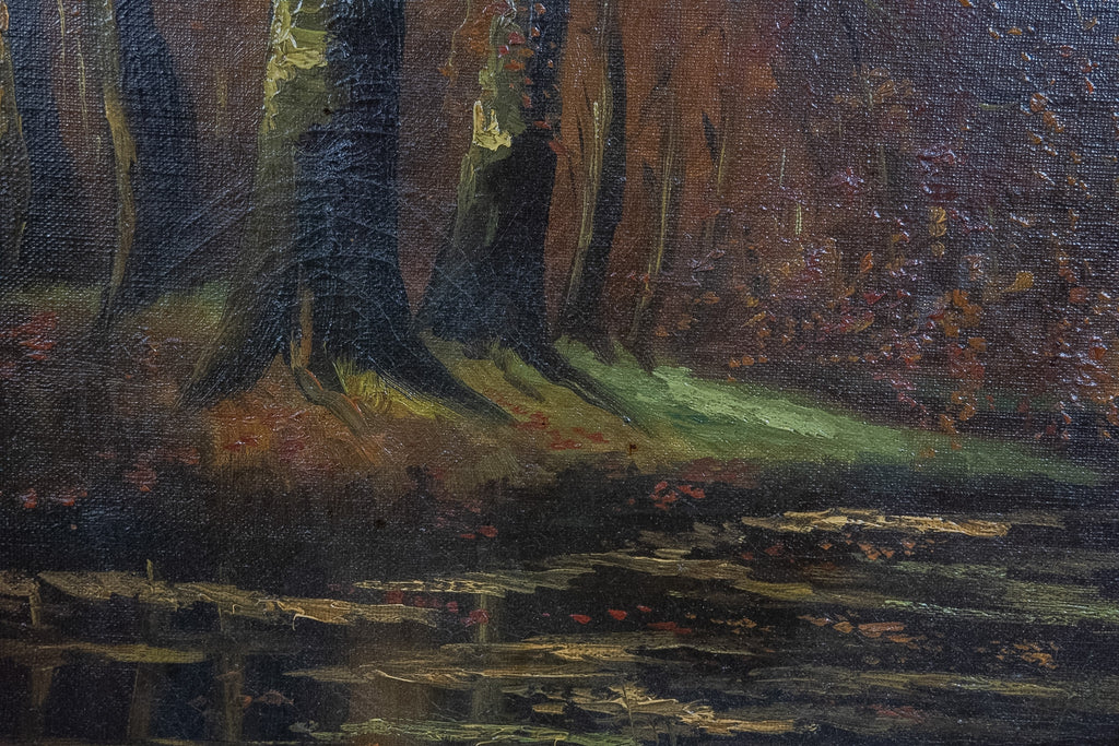 Gesigneerd olieverfschilderij boslandschap met vijver – R. Hoetmer, Laren