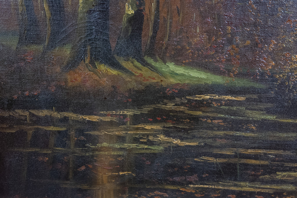Gesigneerd olieverfschilderij boslandschap met vijver – R. Hoetmer, Laren